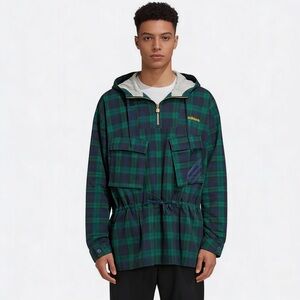 ADIDAS Loose Fit Hooded Pullover 1/4 Zip Plaid Windbreaker NEW